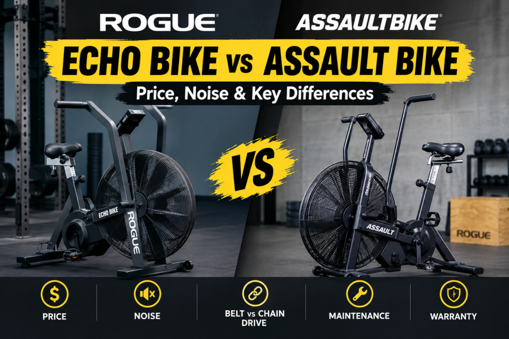 Rogue Echo Bike vs Assault Bike comparison showing both air bikes and their differences in price, noise, belt vs chain drive, maintenance, and warranty.